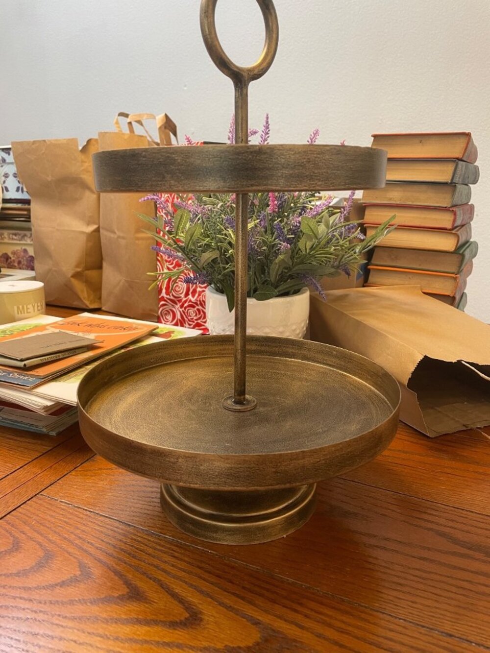 Two-Tiered Antiqued Gold Metal Serving Tray With Handle